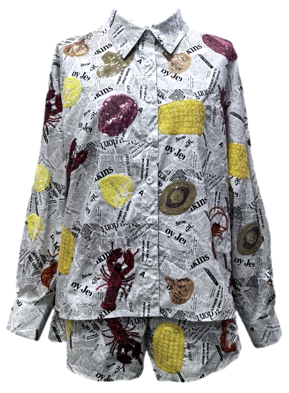 Seafood On Newspaper Button Up Top- (Women's)