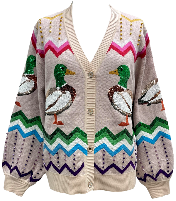 Beige Multi Zig Zag Duck Cardigan- (Women's)
