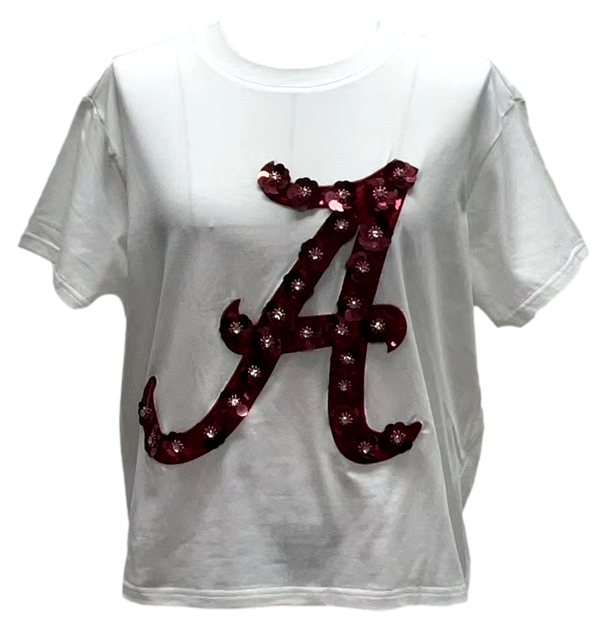Licensed Alabama Mascot Sequin Flower Tee- (Women's)