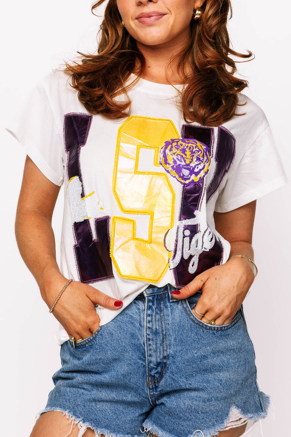 Licensed LSU Metallic Word W/ Icons Tee (Women's)