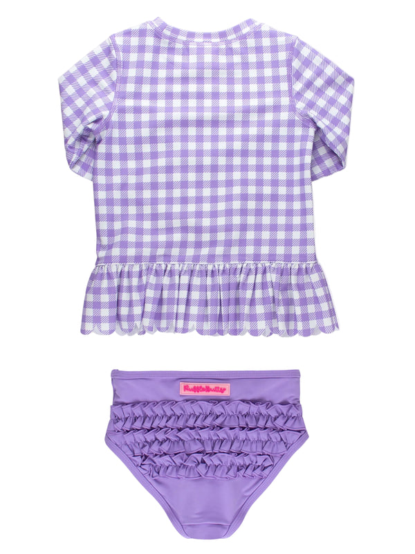Scallop Hem Rash Guard 2-Piece- Wisteria Purple Gingham