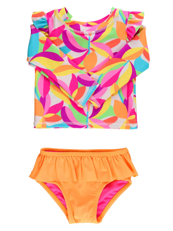 Flutter Rash Guard Skirted 2-Piece Swimsuit- Neon Tropical Adventure