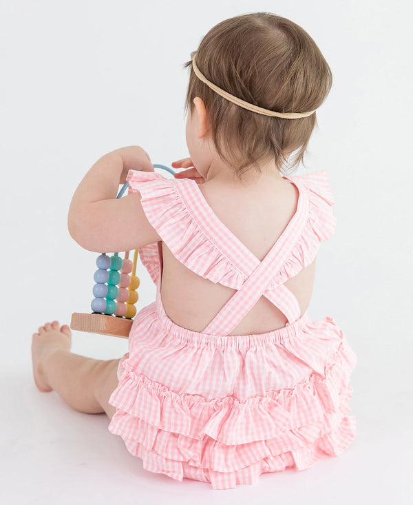 Pinafore Cross-Back Woven Romper- Pink Gingham