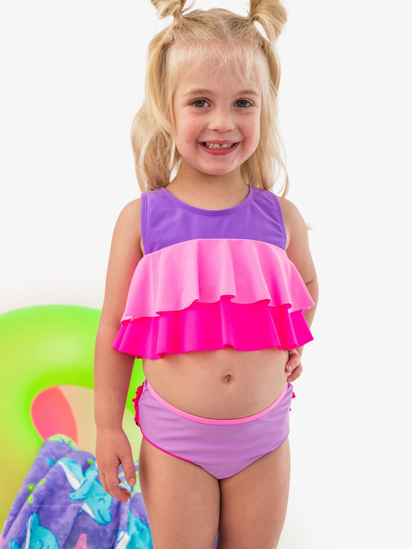 Flounce Bikini 2-Piece Swimsuit- Neon Purple Color Block