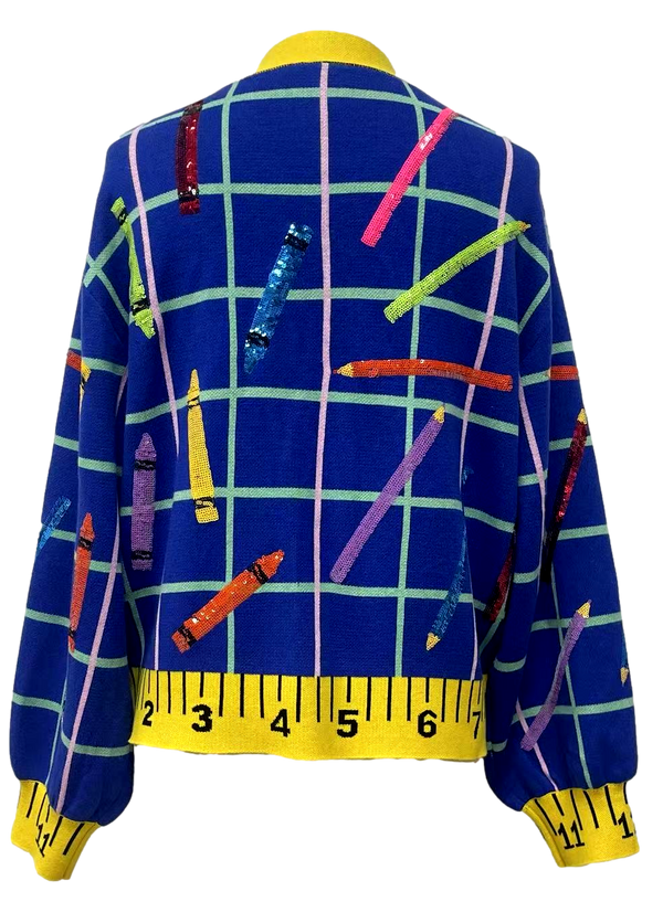 Multi School Supplies Ruler Trim Button Up Cardigan- (Women's)