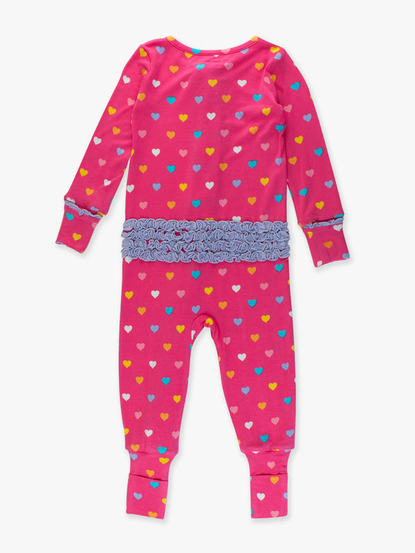 Convertible Ruffle One Piece Pajama - Colorful Hearts