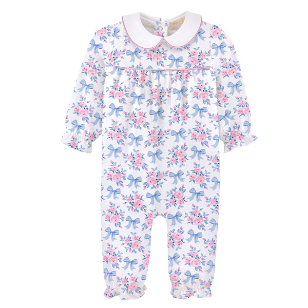 Blue Floral Bows Printed Playsuit W/ Round Collar