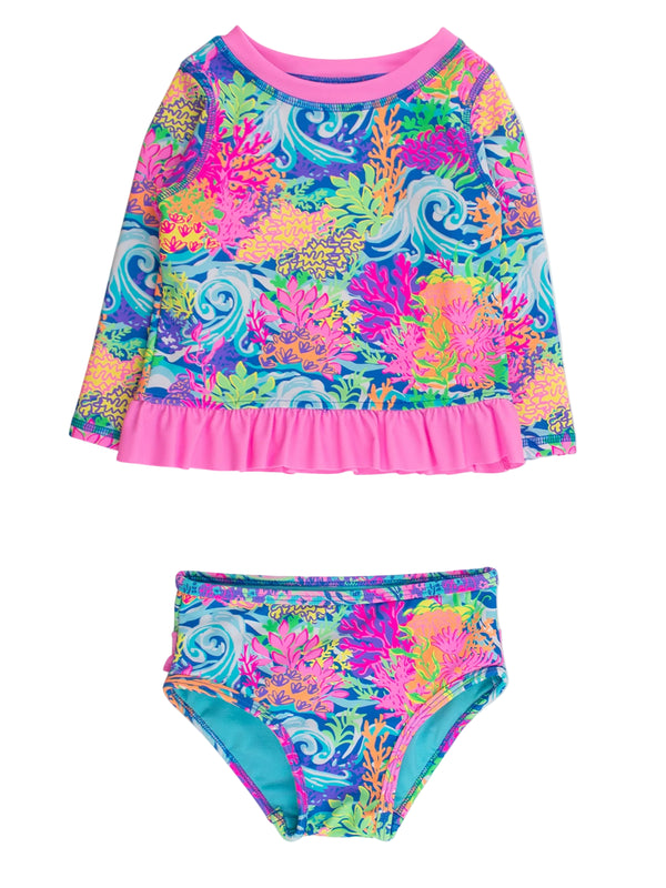 Rash Guard 2-Piece Swimsuit- Neon Ocean Coral