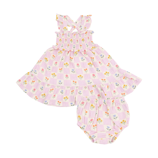 Floral Check Smocked Ruffle Sundress- Pink