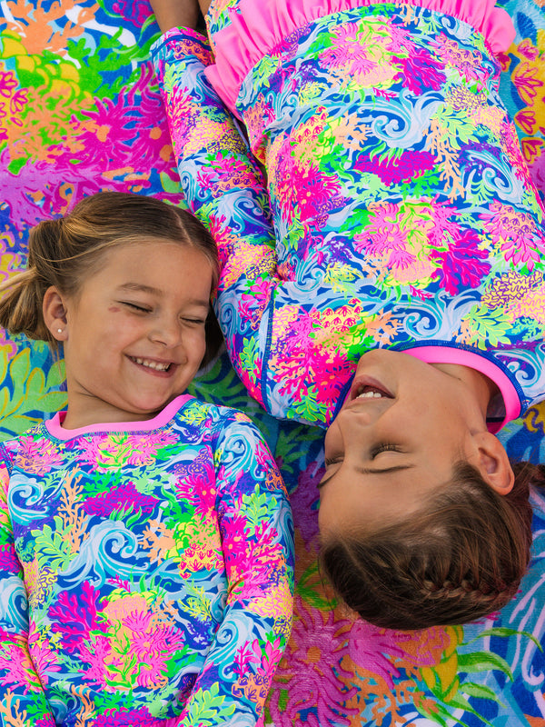 Rash Guard 2-Piece Swimsuit- Neon Ocean Coral