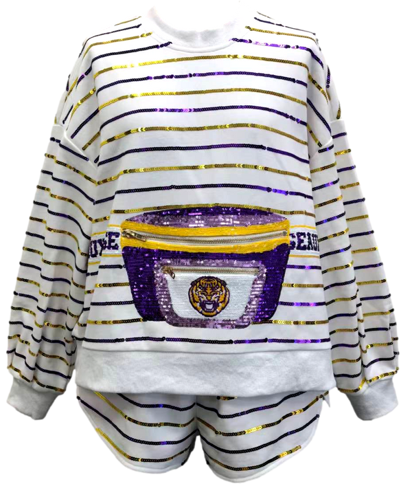 Licensed LSU Sequin Striped Fanny Pack Sweatshirt- (Women's)
