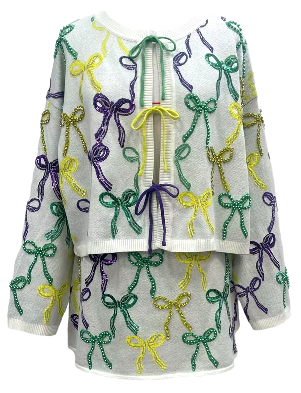 White Mardi Gras Bow Tie Up Sweater- (Women's)