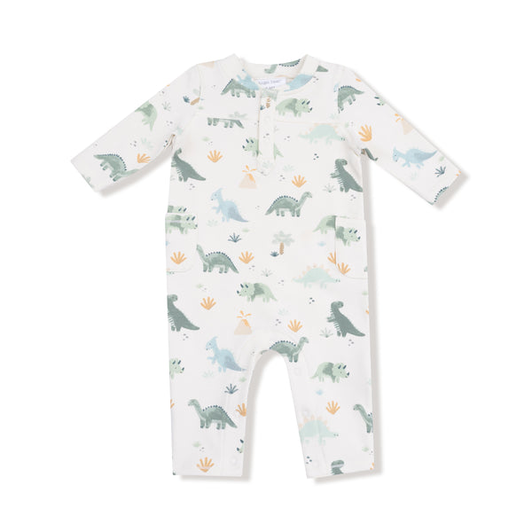Soft Dinos French Terry Romper- White/Green