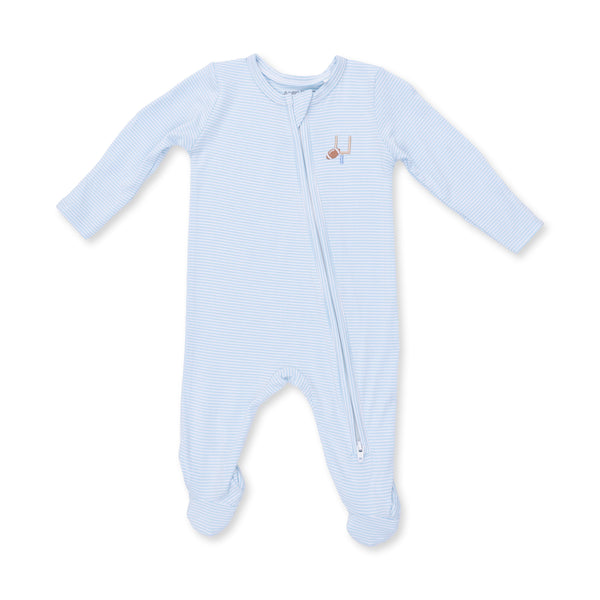 Football 2 Way Zipper Footie- Blue Micro Stripe