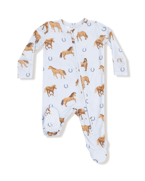 Horses 2 Way Zipper Footie- Sky Blue