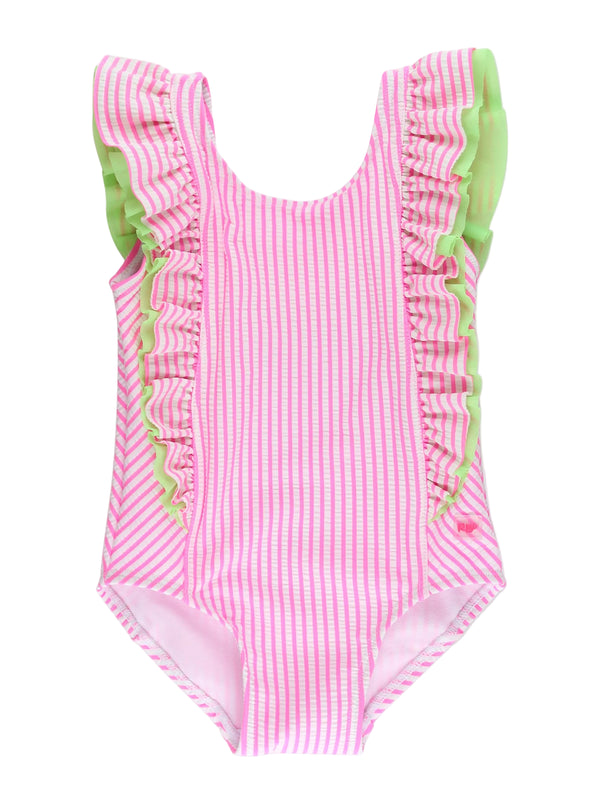 Seersucker Waterfall One Piece Swimsuit- Neon Pink Seersucker
