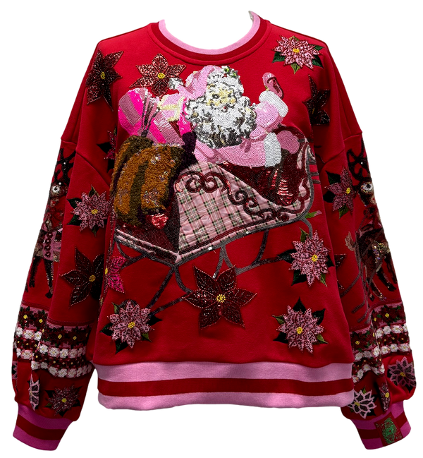 Red & Pink Vintage Poinsettia Santa Sweatshirt- (Women's)