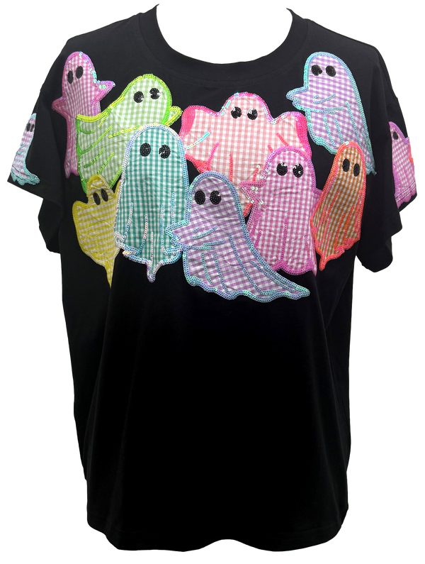Black Multi Gingham Ghost Patch Tee- (Women's)