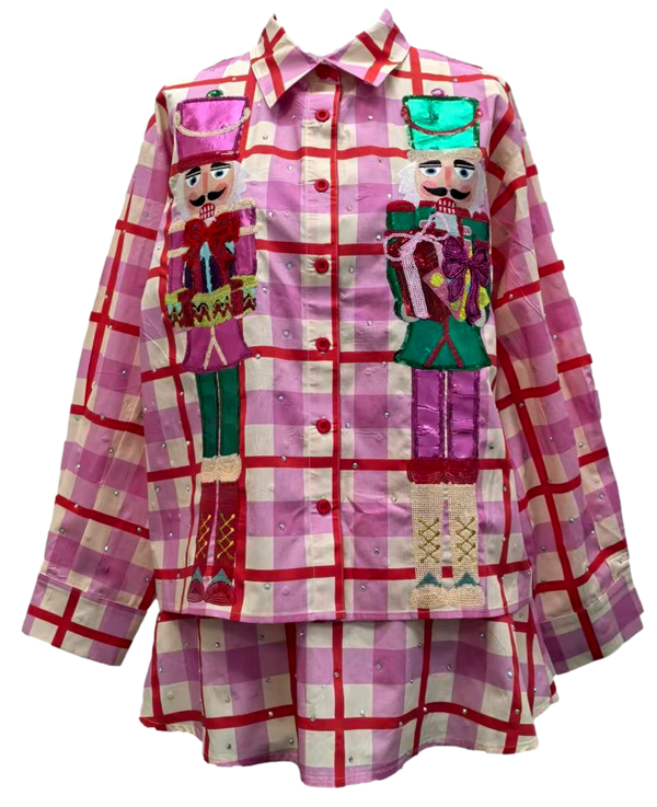 Pink & Red Plaid Metallic Nutcracker Cotton Button Up Top- (Women's)