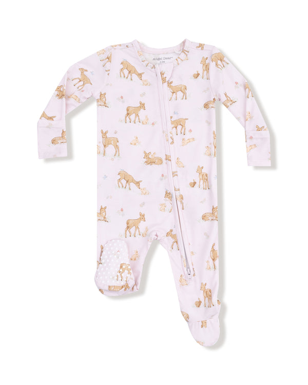 Little Fawn 2 Way Zipper Ruffle Footie- Light Pink/Pink