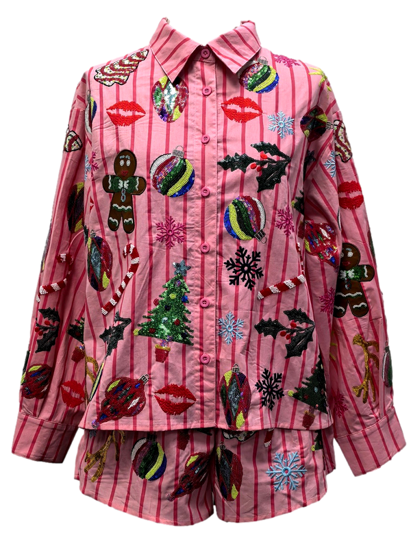 Pink & Red Stripe Christmas Icons Cotton Button Up Top- (Women's)