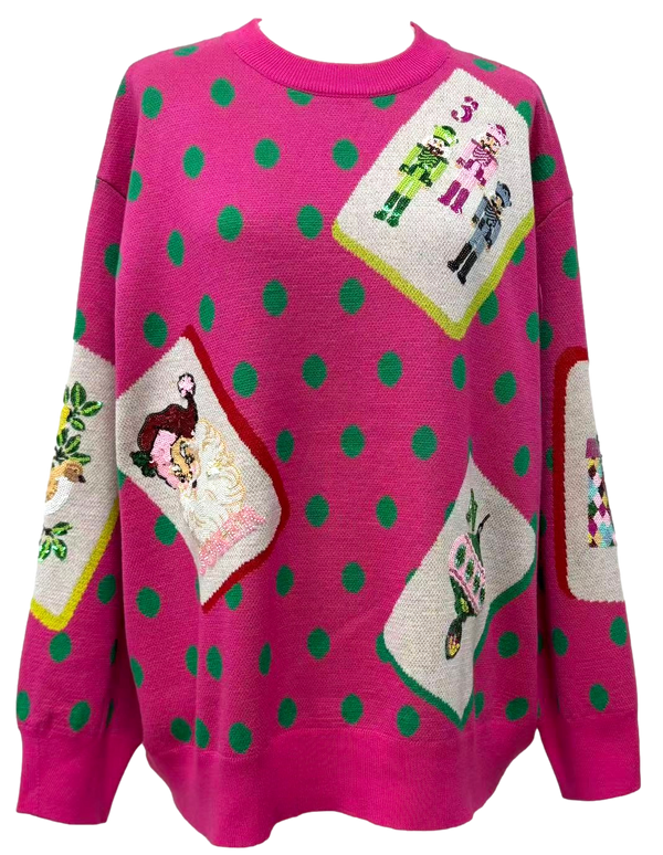 Pink & Green Polka Dot Christmas Mahjong Tile Sweater- (Women's)