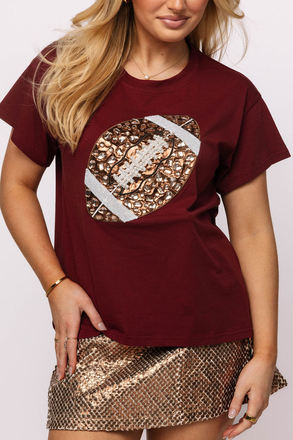 Maroon Jeweled Football Tee- (Women's)