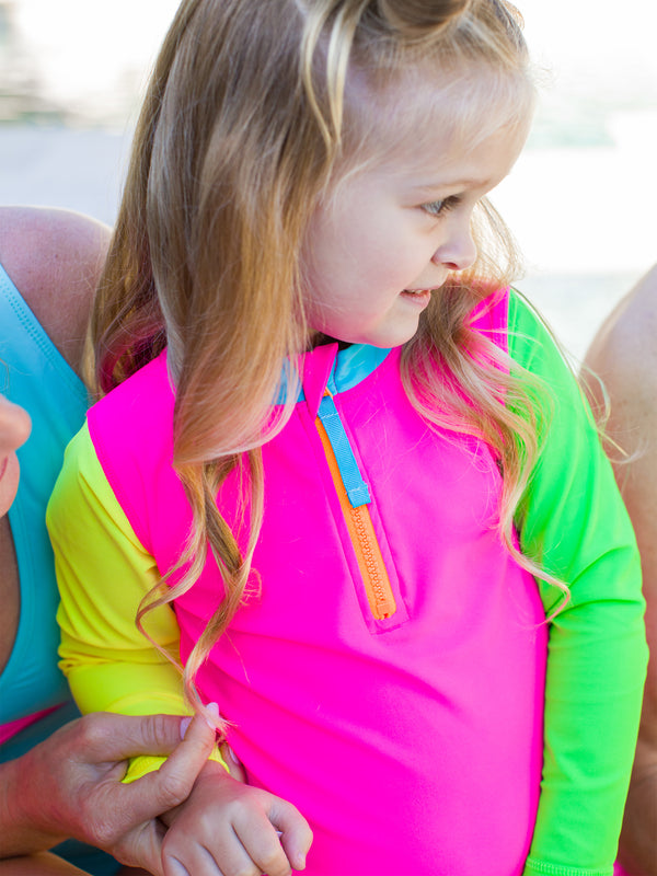Zipper Rash Guard 2-Piece Swimsuit- Neon Color Block