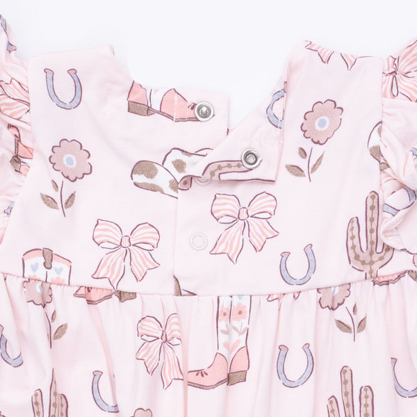 Cowgirl Boots And Bows Ruffle Sleeve Snap Romper