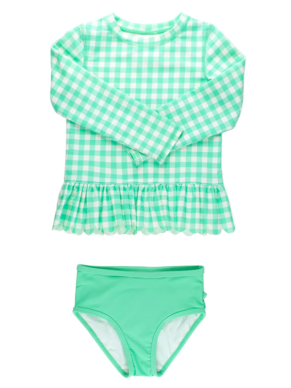 Scallop Hem Rash Guard 2-Piece- Spring Bud Gingham