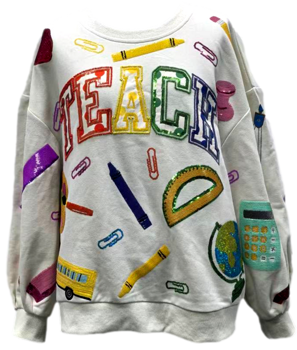 Beige Multi 'Teach' Scattered Icon Sweatshirt- (Women's)