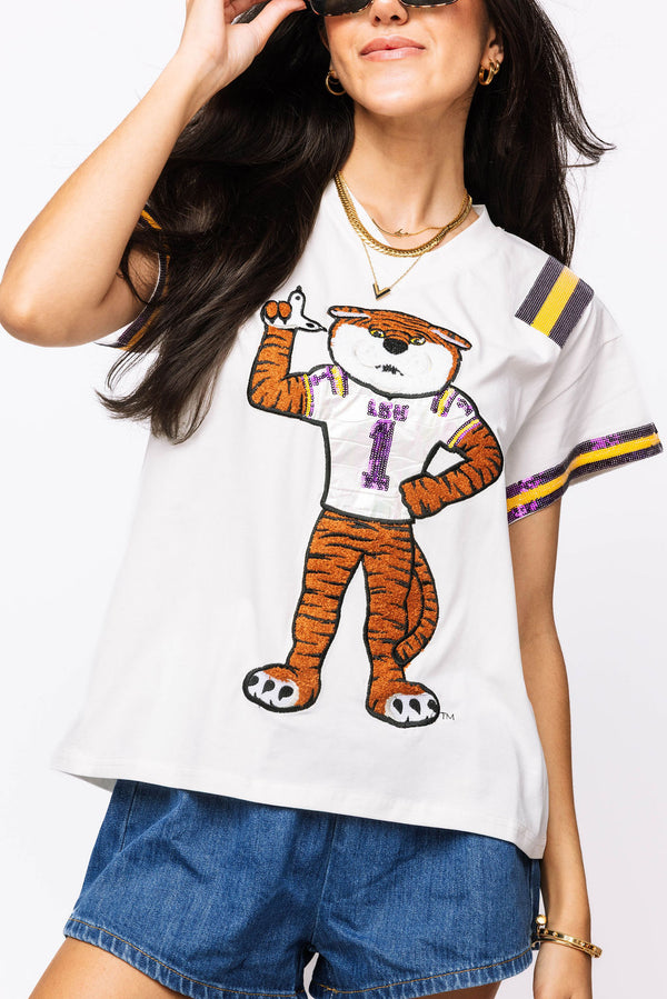Licensed- White, Purple & Gold LSU Tiger Jersey Tee- (Women's)
