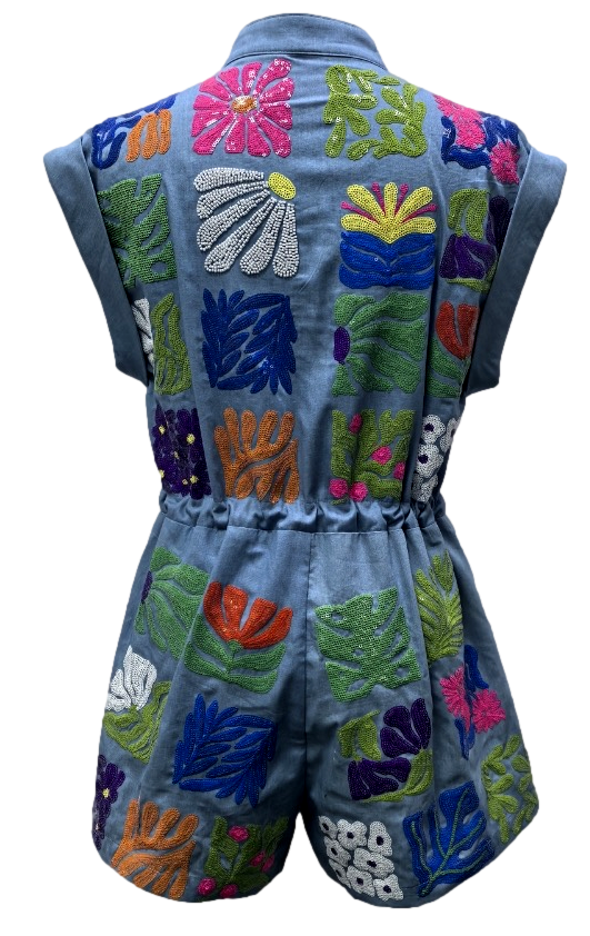 Denim Flower Tile Zipper Romper- (Women's)
