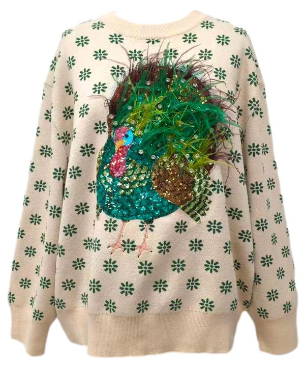 Beige & Green Flower Print Feather Turkey Sweater- (Women's)