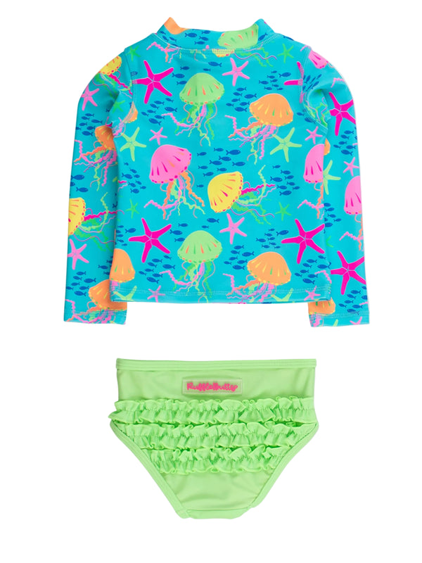 Zipper Rash Guard 2-Piece Swimsuit- Neon Jelly Time