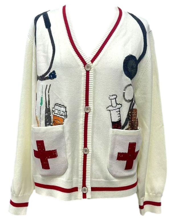 White Medical Instrument Button Up Cardigan- (Women's)