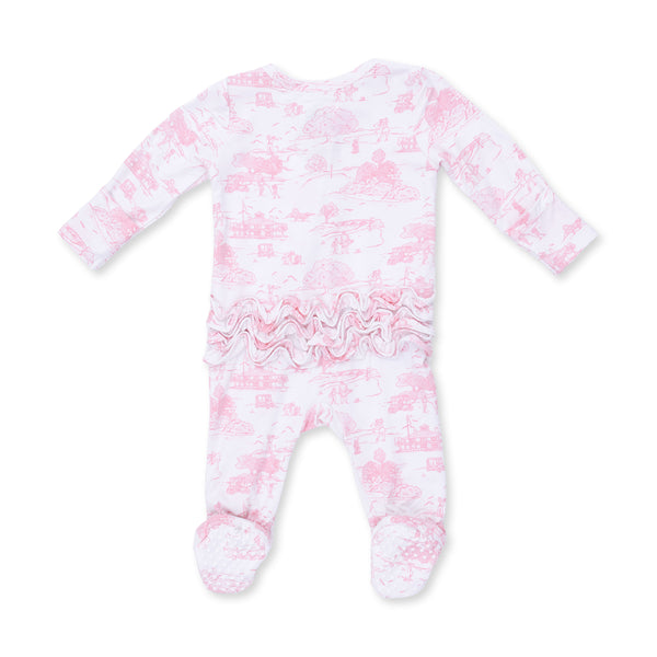 Golf Toile 2 Way Ruffle Zipper Footie- Pink
