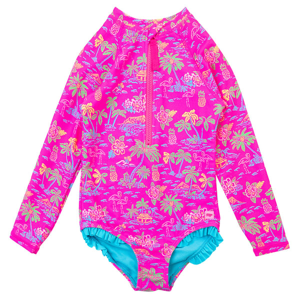 Zipper One Piece Rash Guard Swimsuit- Neon Island Time