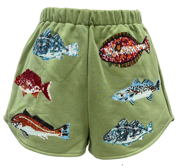 Green Multi Fish Henley Short- (Women's)