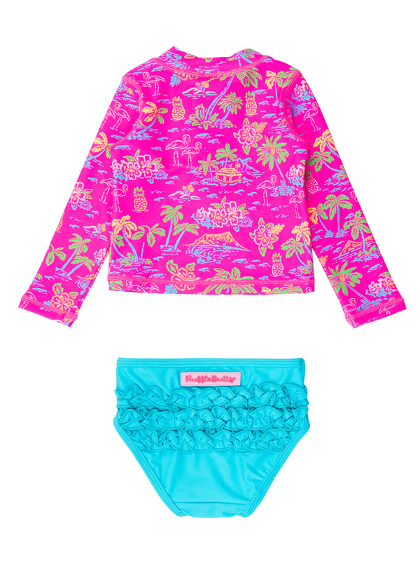 Zipper Rash Guard 2-Piece Swimsuit- Neon Island Time