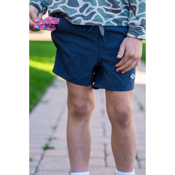 Youth Athletic Short- Heather Navy- American Flag Liner