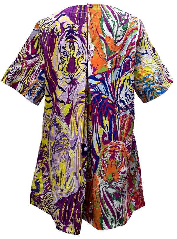 Multi Abstract Cotton Tiger Short Sleeve Dress- (Women's)