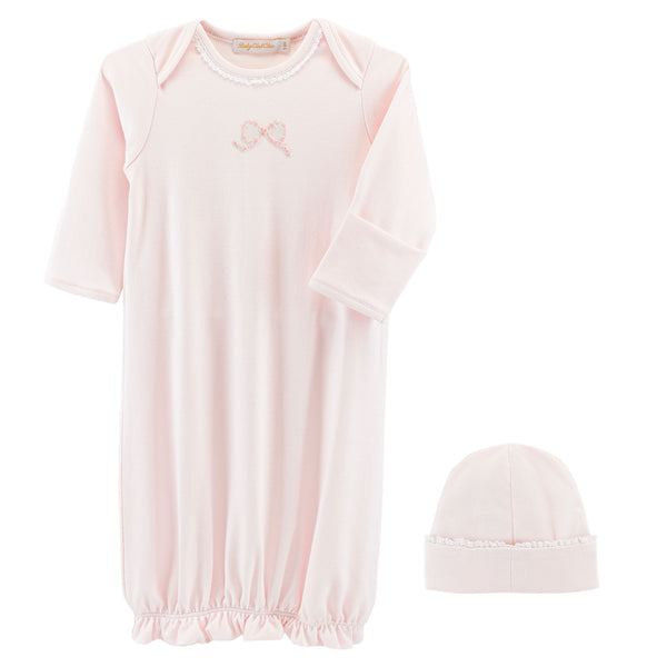 Pretty Bows Gown W/Lace Trim & Hat Set- Pink