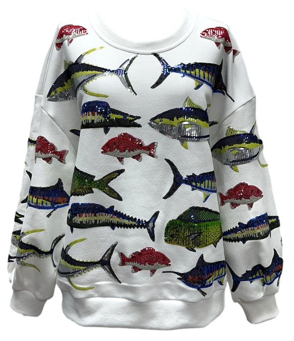 White Multi Fish Sweatshirt- (Women's)