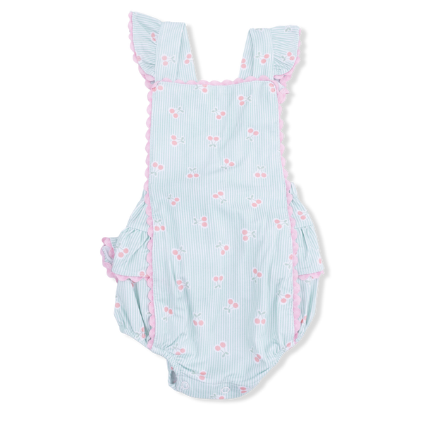 Tiny Cherry Stripe Ric Rac Ruffle Sunsuit
