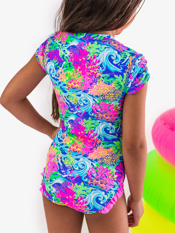 Rash Guard One Piece Swimsuit- Neon Ocean Coral
