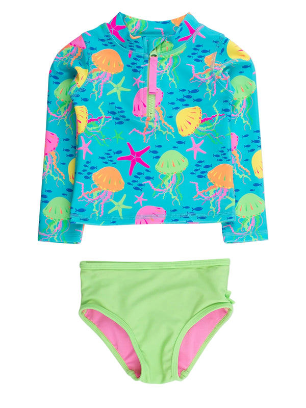 Zipper Rash Guard 2-Piece Swimsuit- Neon Jelly Time