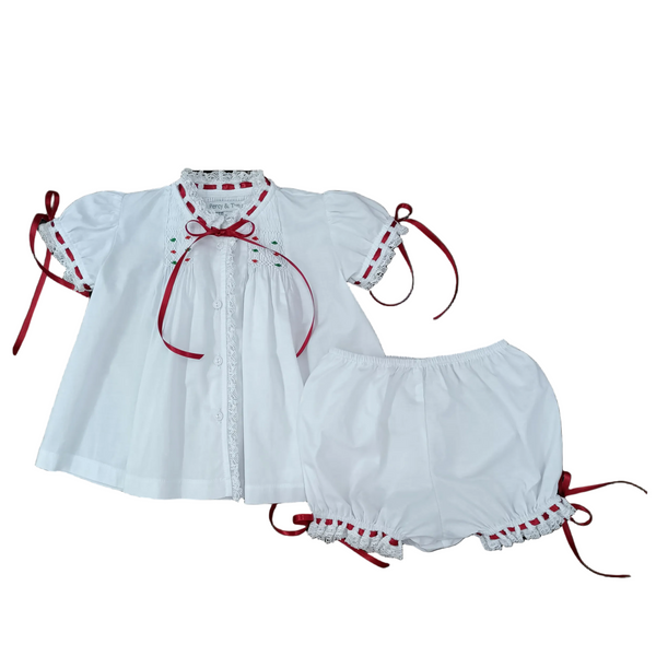 Heirloom Smocked Bloomer Set- White Batiste W/ Red & Green