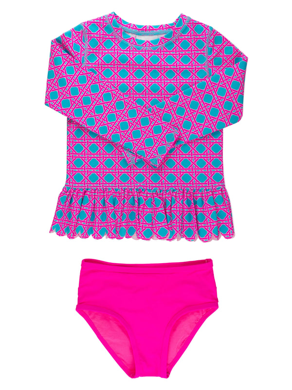 Scallop Hem Rash Guard 2-Piece- Neon Sorbet Cane