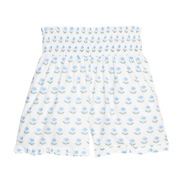 Shirred Ruffle Shorts- Blue Tulip Print